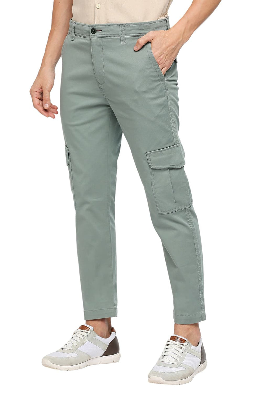 BASICS DRIFT FIT CHINOIS GREEN COTTON CARGO STRETCH DOBBY TROUSERS