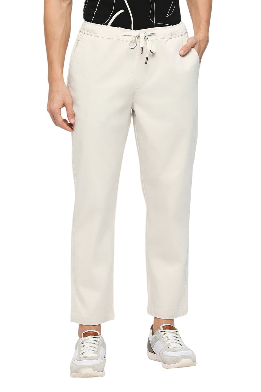 BASICS RELAXED FIT ALMOND STONE COTTON STRETCH DOBBY TROUSERS