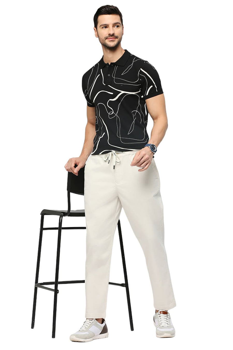 BASICS RELAXED FIT ALMOND STONE COTTON STRETCH DOBBY TROUSERS
