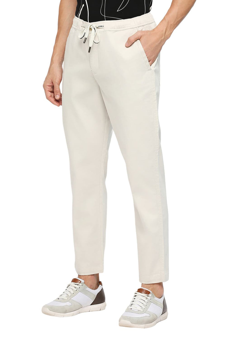 BASICS RELAXED FIT ALMOND STONE COTTON STRETCH DOBBY TROUSERS