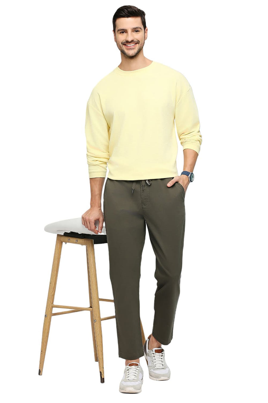 BASICS RELAXED FIT CUB BROWN COTTON STRETCH DOBBY TROUSERS