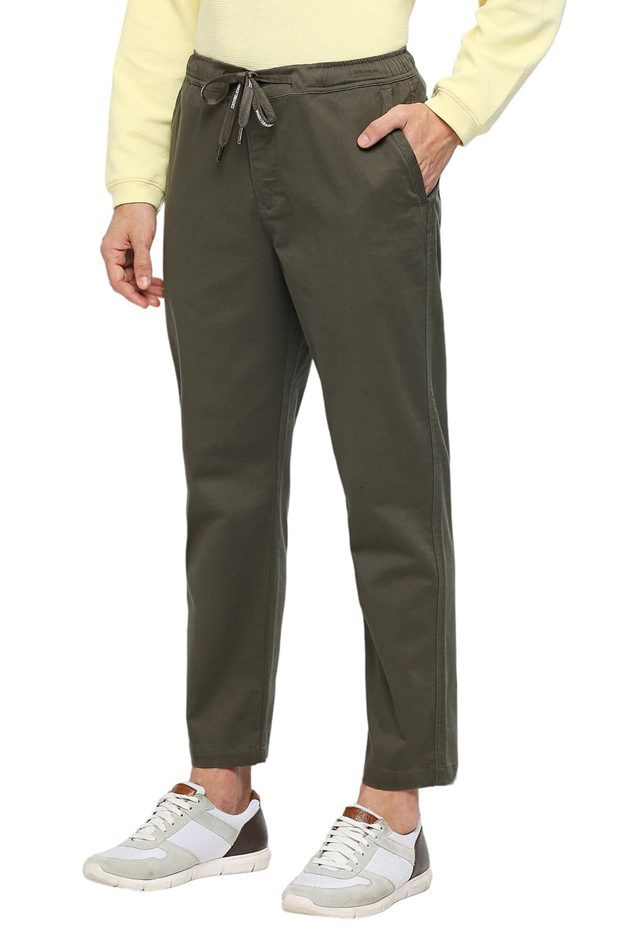 BASICS RELAXED FIT CUB BROWN COTTON STRETCH DOBBY TROUSERS