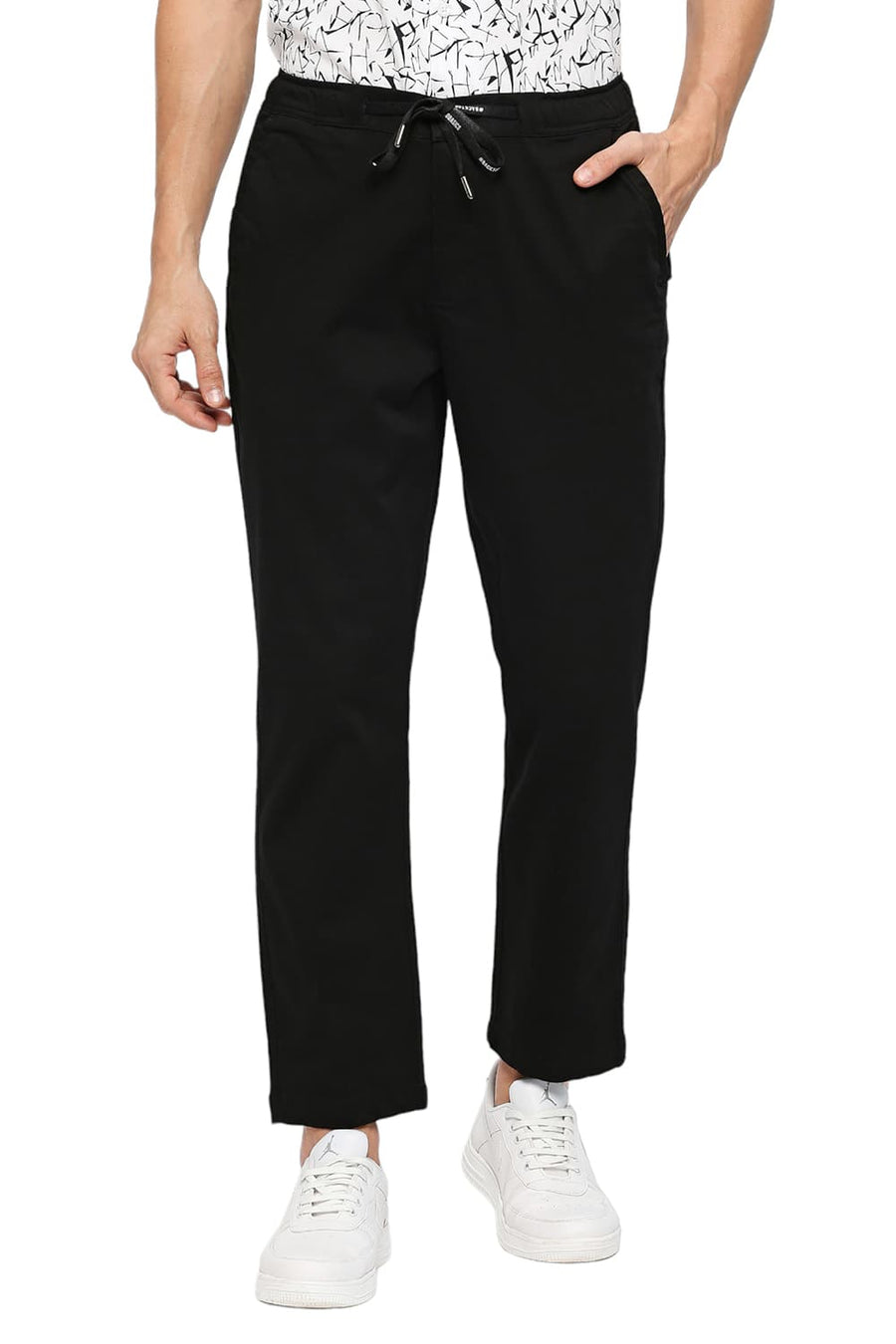 BASICS RELAXED FIT METEORITE BLACK COTTON STRETCH DOBBY TROUSERS
