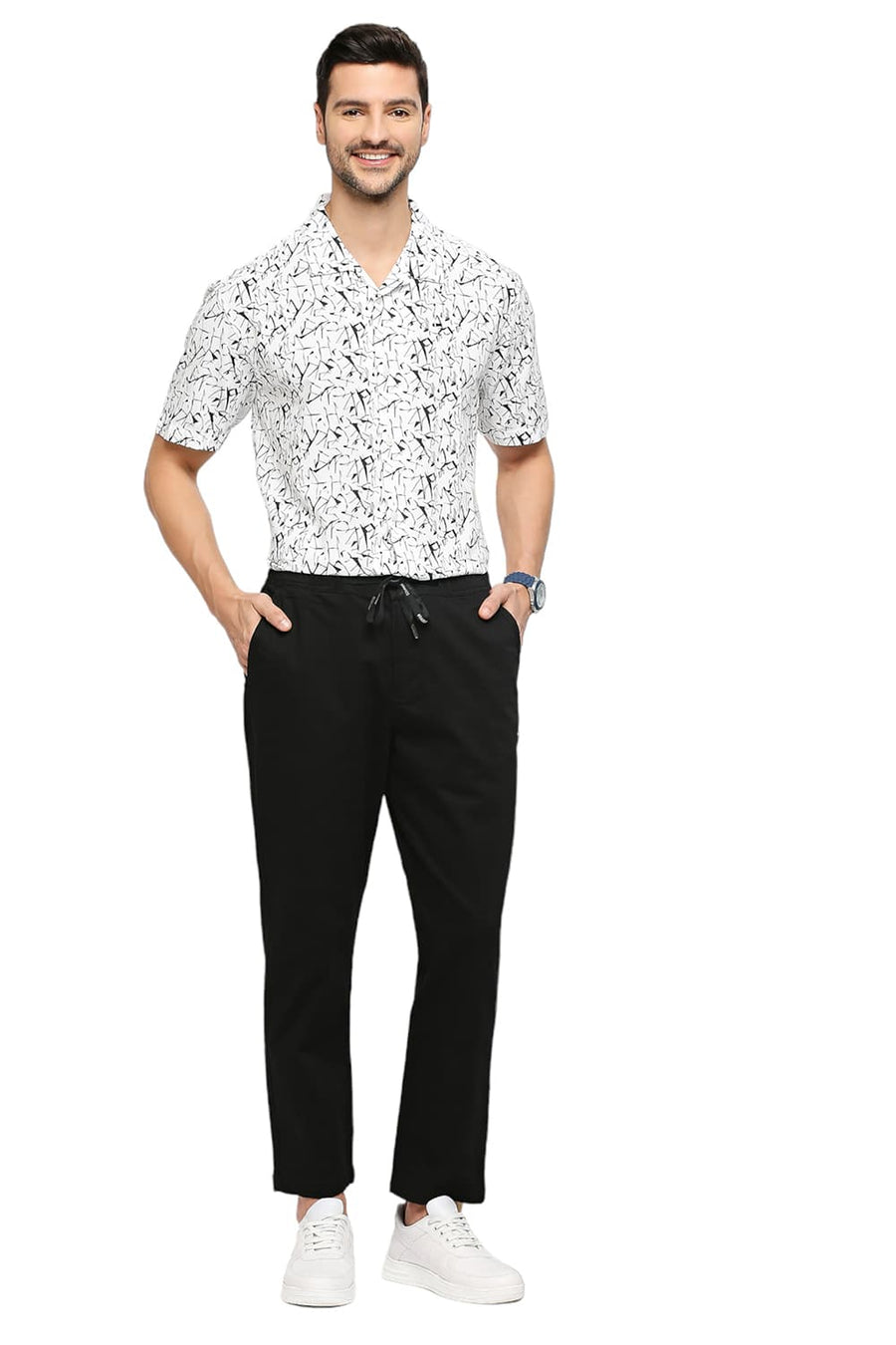 BASICS RELAXED FIT METEORITE BLACK COTTON STRETCH DOBBY TROUSERS