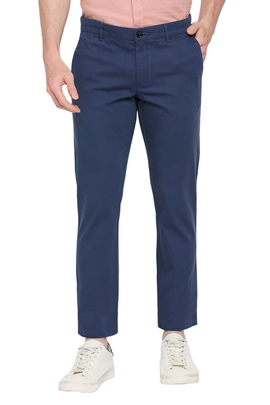 BASICS COMFORT FIT ENSIGN BLUE COTTON STRETCH DOBBY TROUSERS