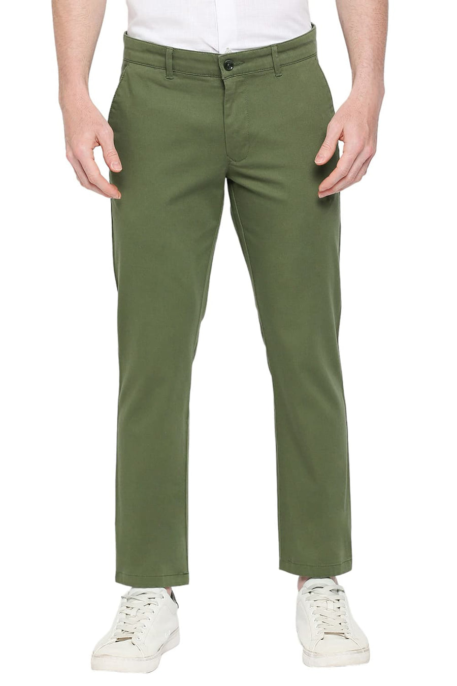 BASICS COMFORT FIT GARDEN GREEN COTTON STRETCH DOBBY TROUSERS
