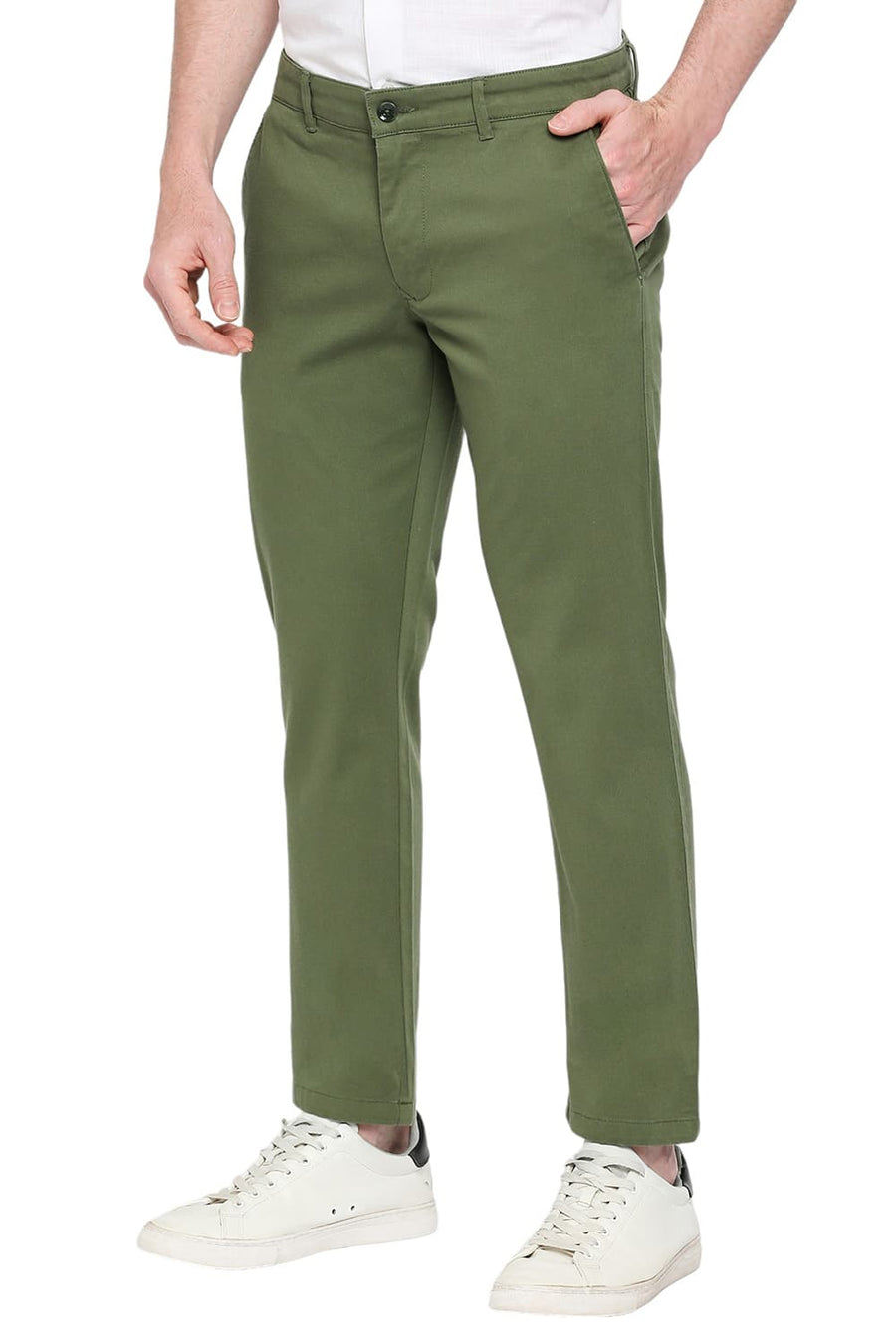 BASICS COMFORT FIT GARDEN GREEN COTTON STRETCH DOBBY TROUSERS