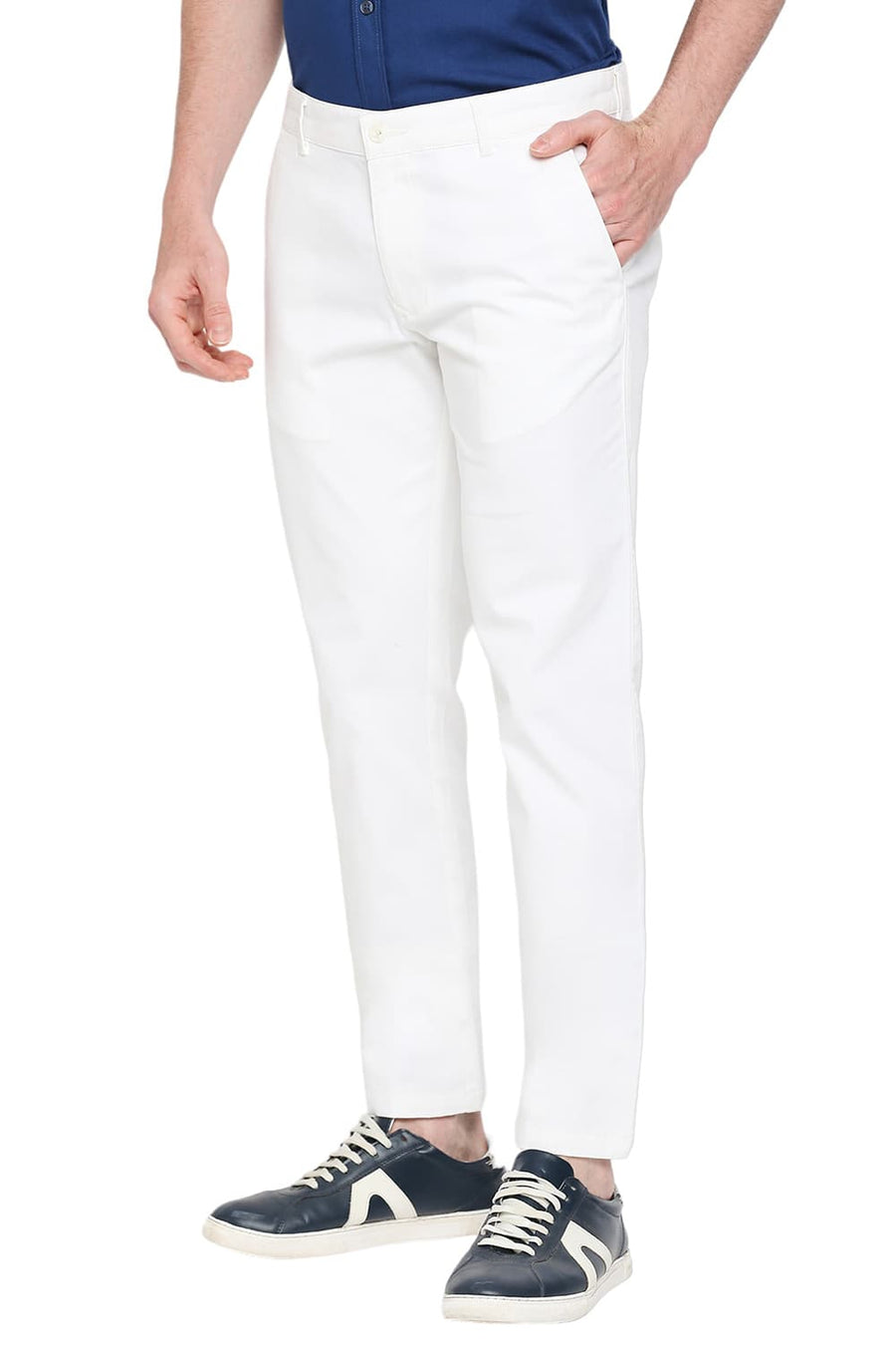 BASICS COMFORT FIT CLOUD DANCER WHITE COTTON STRETCH DOBBY TROUSERS