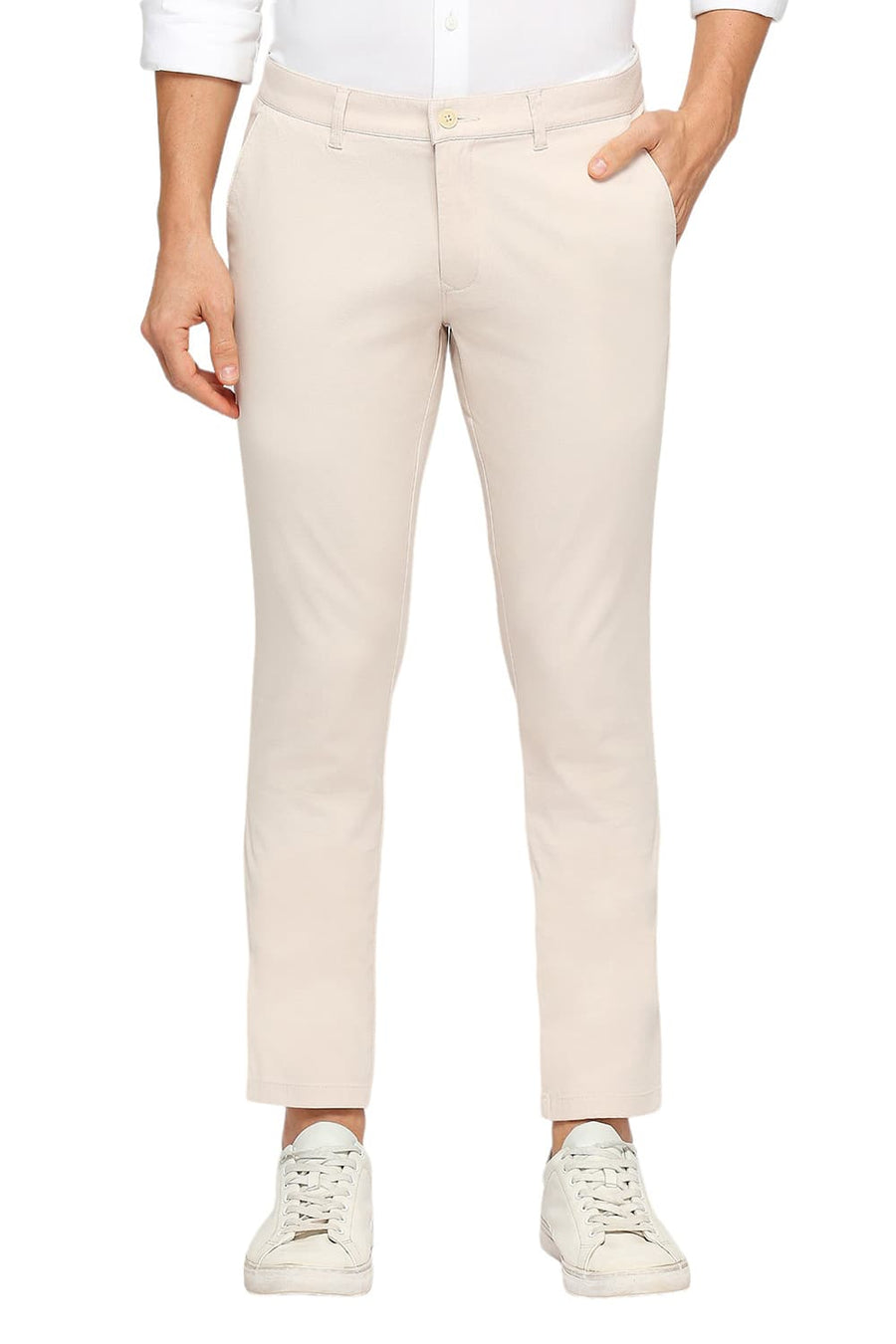 BASICS TAPERED FIT BIRCH ECRU COTTON STRETCH DOBBY TROUSERS