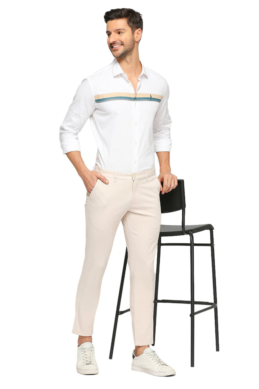 BASICS TAPERED FIT BIRCH ECRU COTTON STRETCH DOBBY TROUSERS