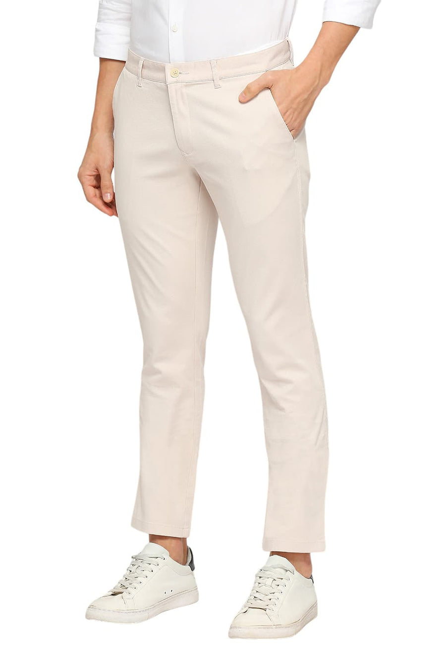 BASICS TAPERED FIT BIRCH ECRU COTTON STRETCH DOBBY TROUSERS