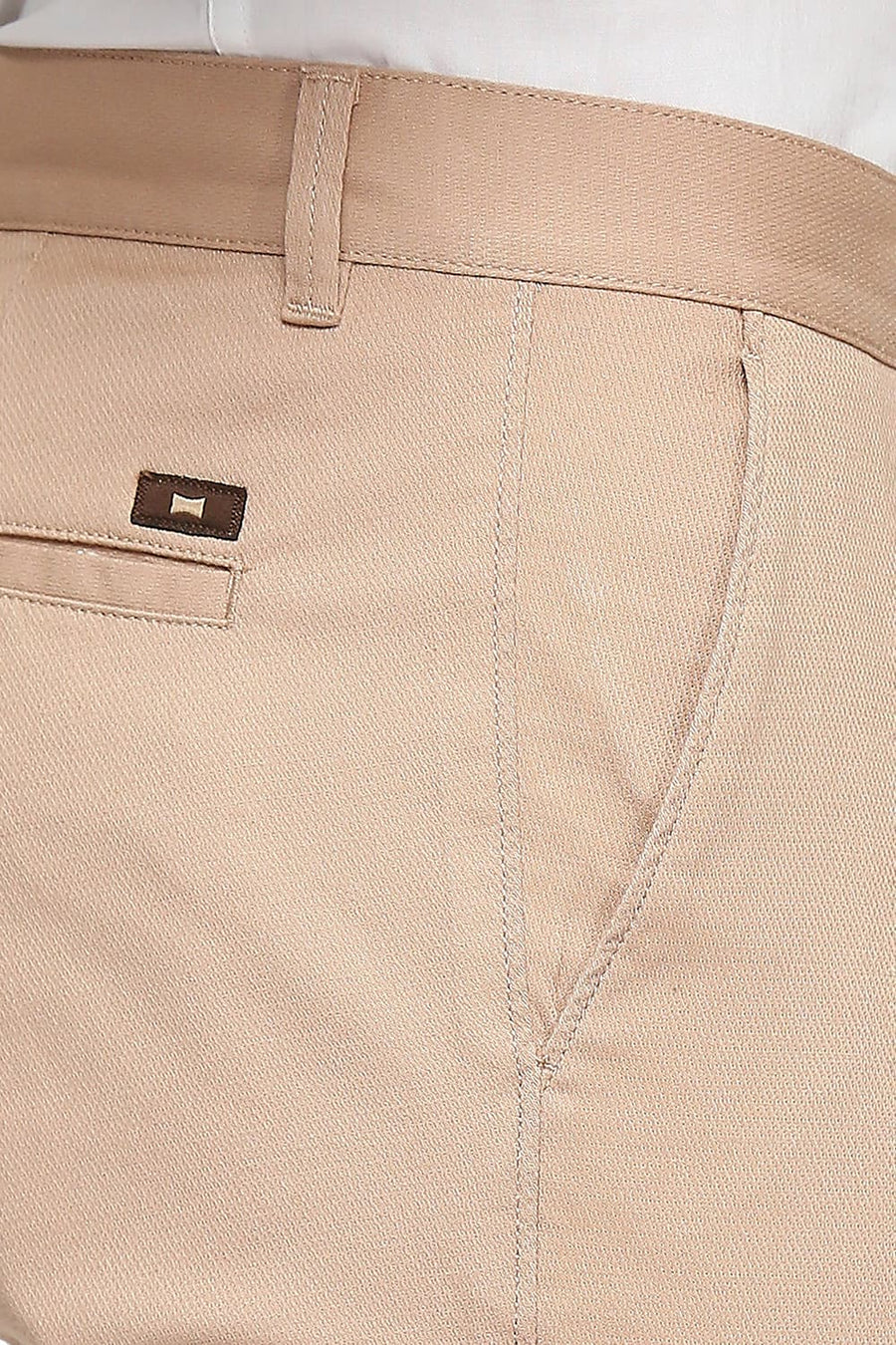BASICS TAPERED FIT WARM TAUPE BROWN COTTON STRETCH DOBBY TROUSERS