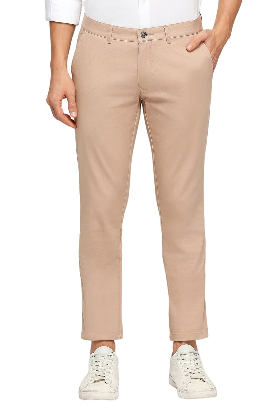 BASICS TAPERED FIT WARM TAUPE BROWN COTTON STRETCH DOBBY TROUSERS