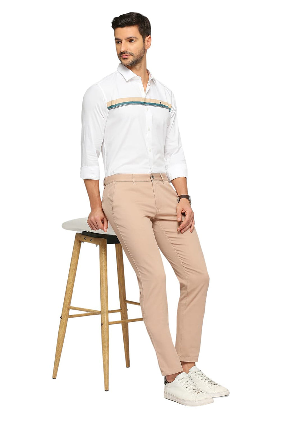 BASICS TAPERED FIT WARM TAUPE BROWN COTTON STRETCH DOBBY TROUSERS