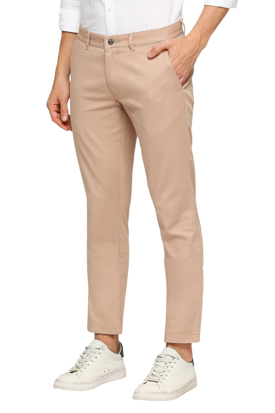 BASICS TAPERED FIT WARM TAUPE BROWN COTTON STRETCH DOBBY TROUSERS