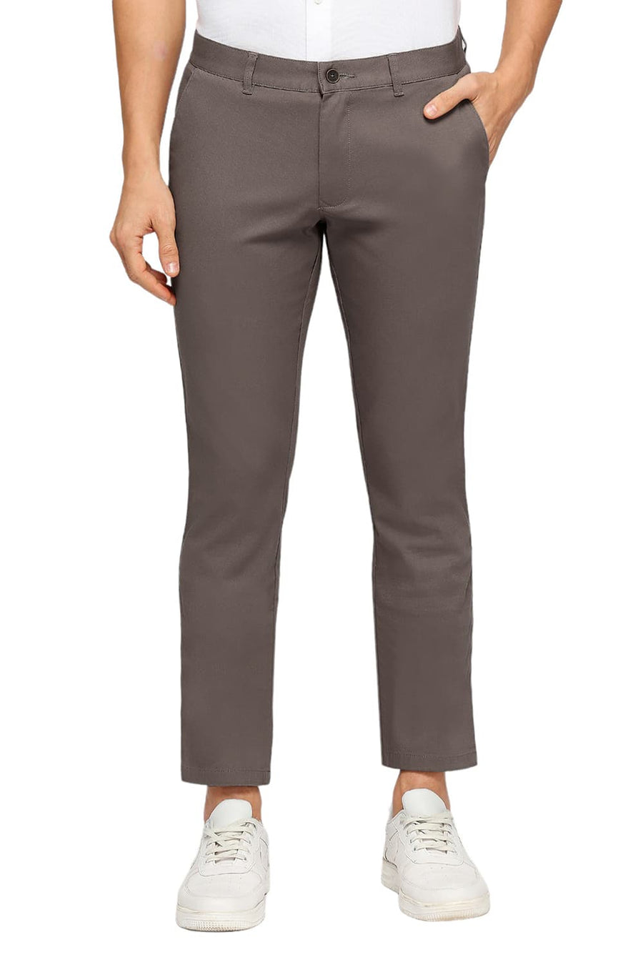BASICS TAPERED FIT MOREL GREY COTTON STRETCH DOBBY TROUSERS