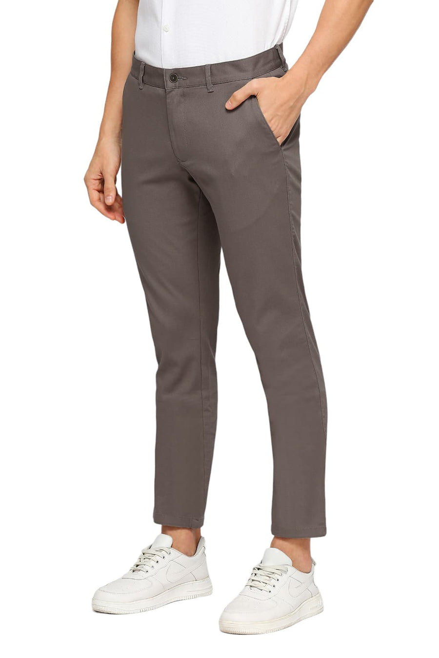 BASICS TAPERED FIT MOREL GREY COTTON STRETCH DOBBY TROUSERS