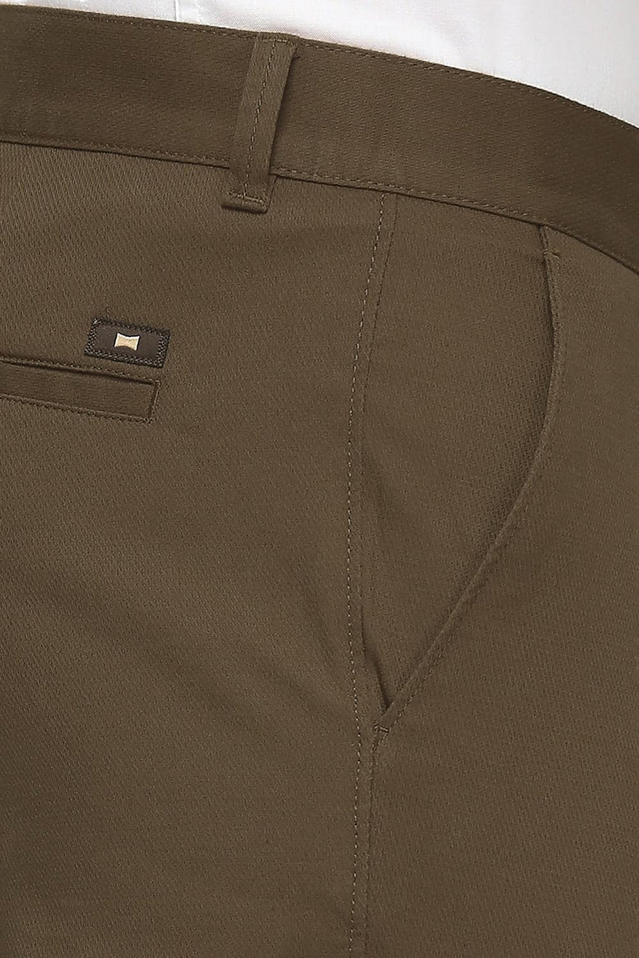 BASICS TAPERED FIT SEPIA BROWN COTTON STRETCH DOBBY TROUSERS