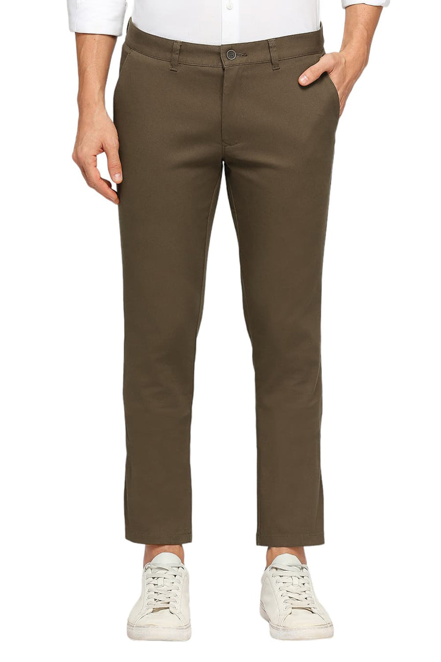 BASICS TAPERED FIT SEPIA BROWN COTTON STRETCH DOBBY TROUSERS