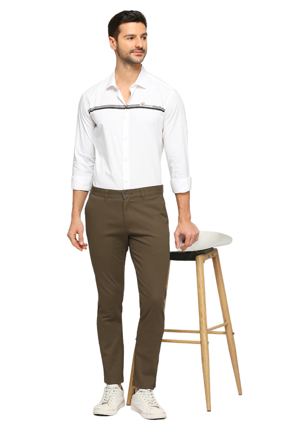 BASICS TAPERED FIT COTTON STRETCH DOBBY TROUSERS