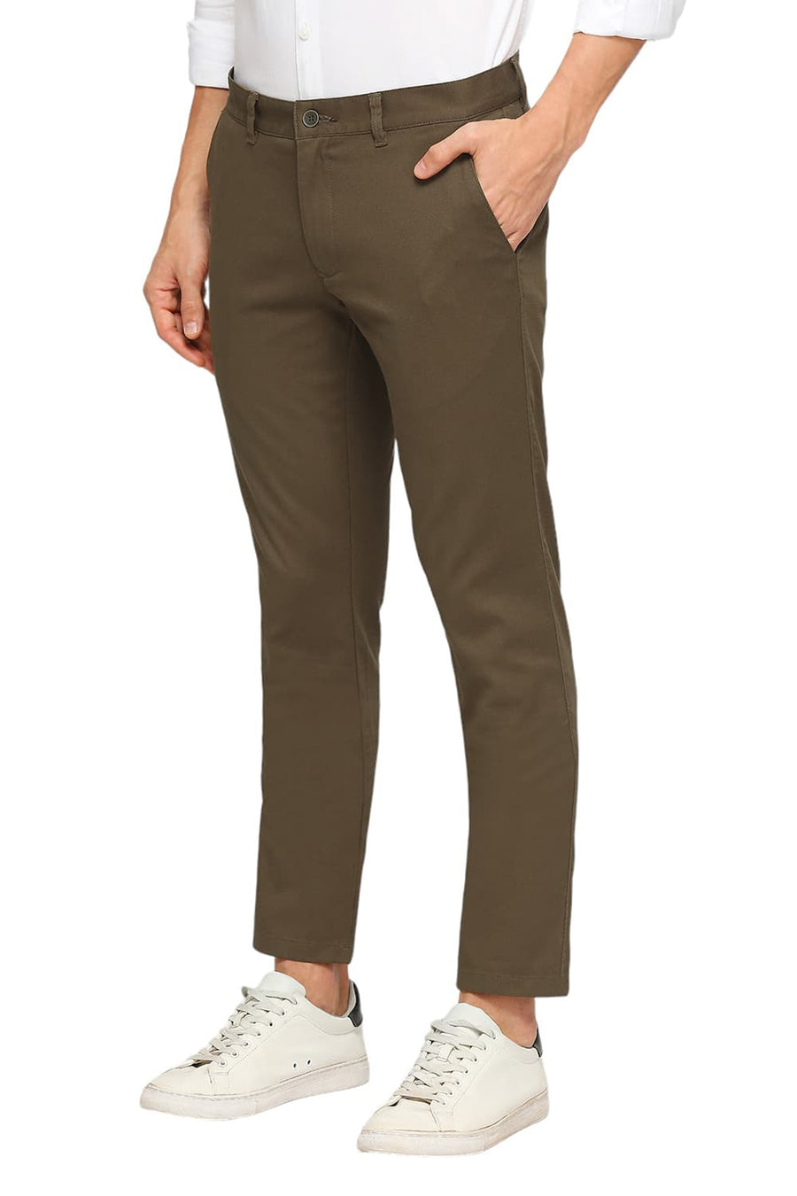 BASICS TAPERED FIT SEPIA BROWN COTTON STRETCH DOBBY TROUSERS