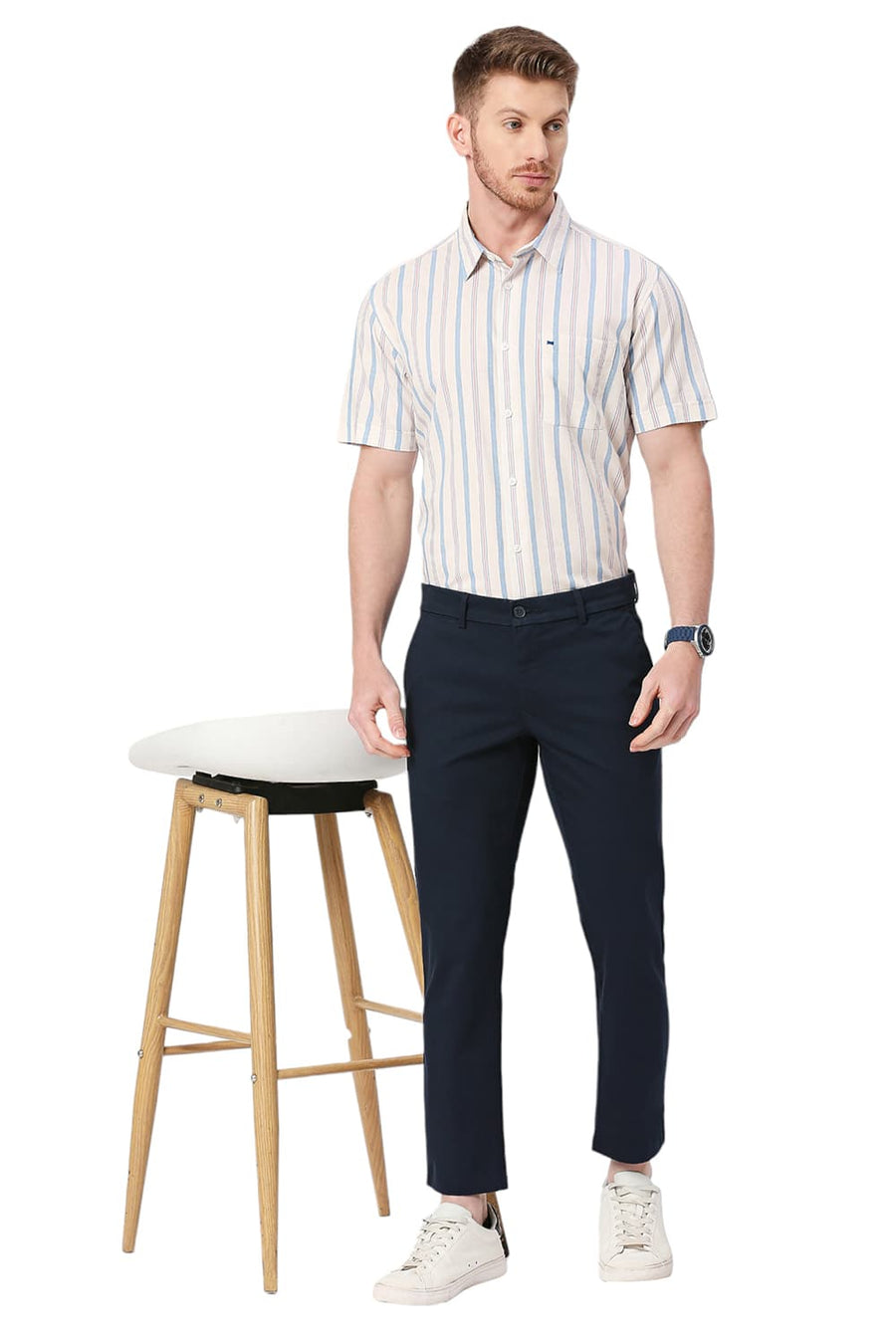 BASICS SKINNY FIT MOONLIT NAVY COTTON STRETCH DOBBY TROUSERS