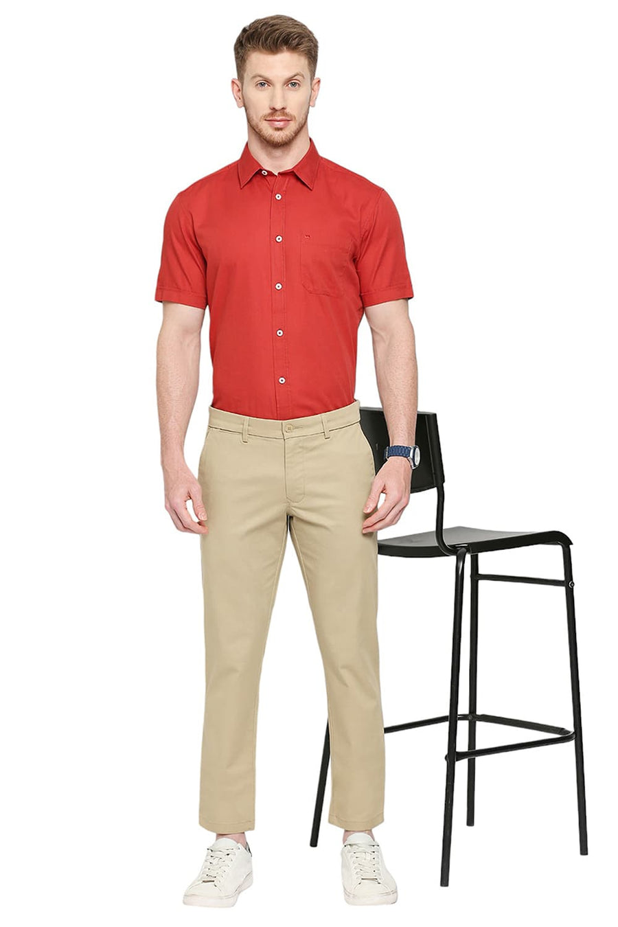 BASICS SKINNY FIT DUNE STONE COTTON STRETCH DOBBY TROUSERS