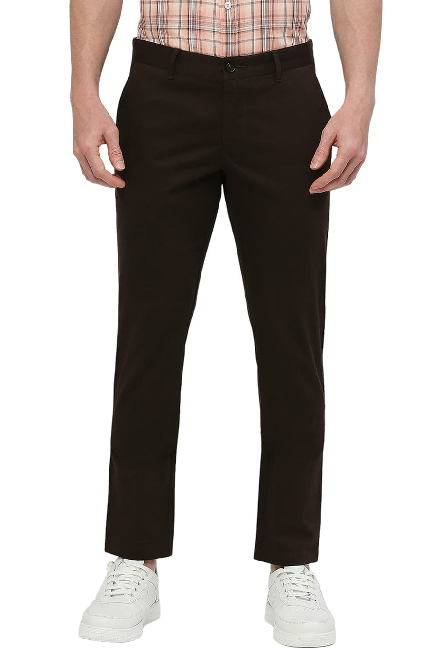 BASICS SKINNY FIT GANACHE COFFEE COTTON STRETCH DOBBY TROUSERS