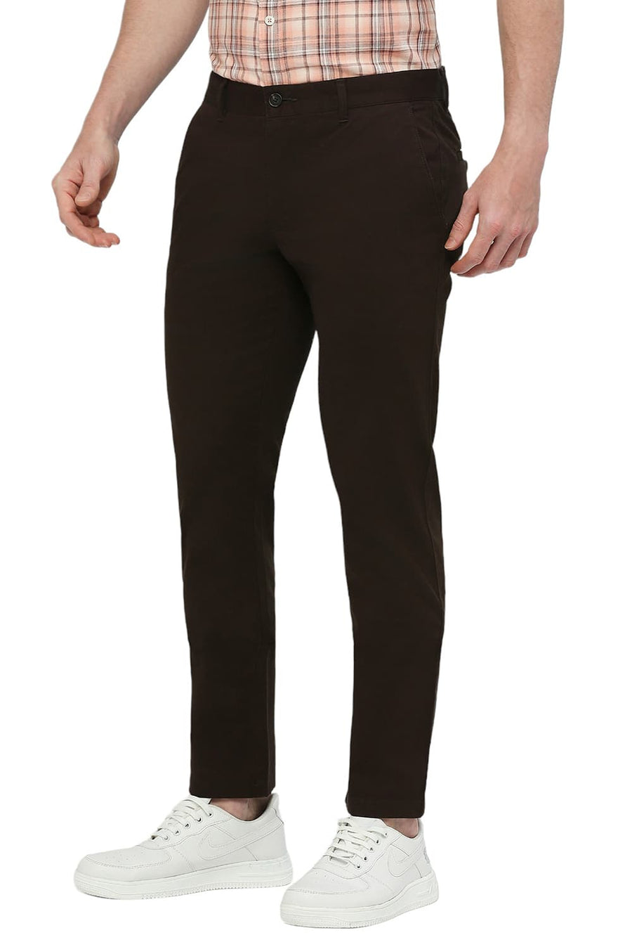 BASICS SKINNY FIT GANACHE COFFEE COTTON STRETCH DOBBY TROUSERS