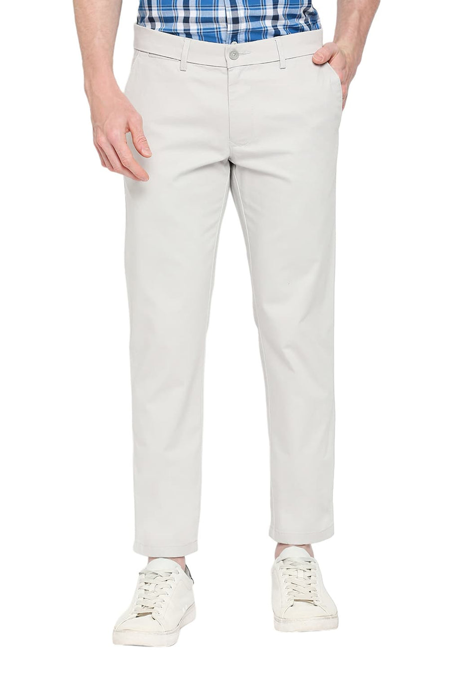 BASICS SKINNY FIT DOVE GREY COTTON STRETCH DOBBY TROUSERS