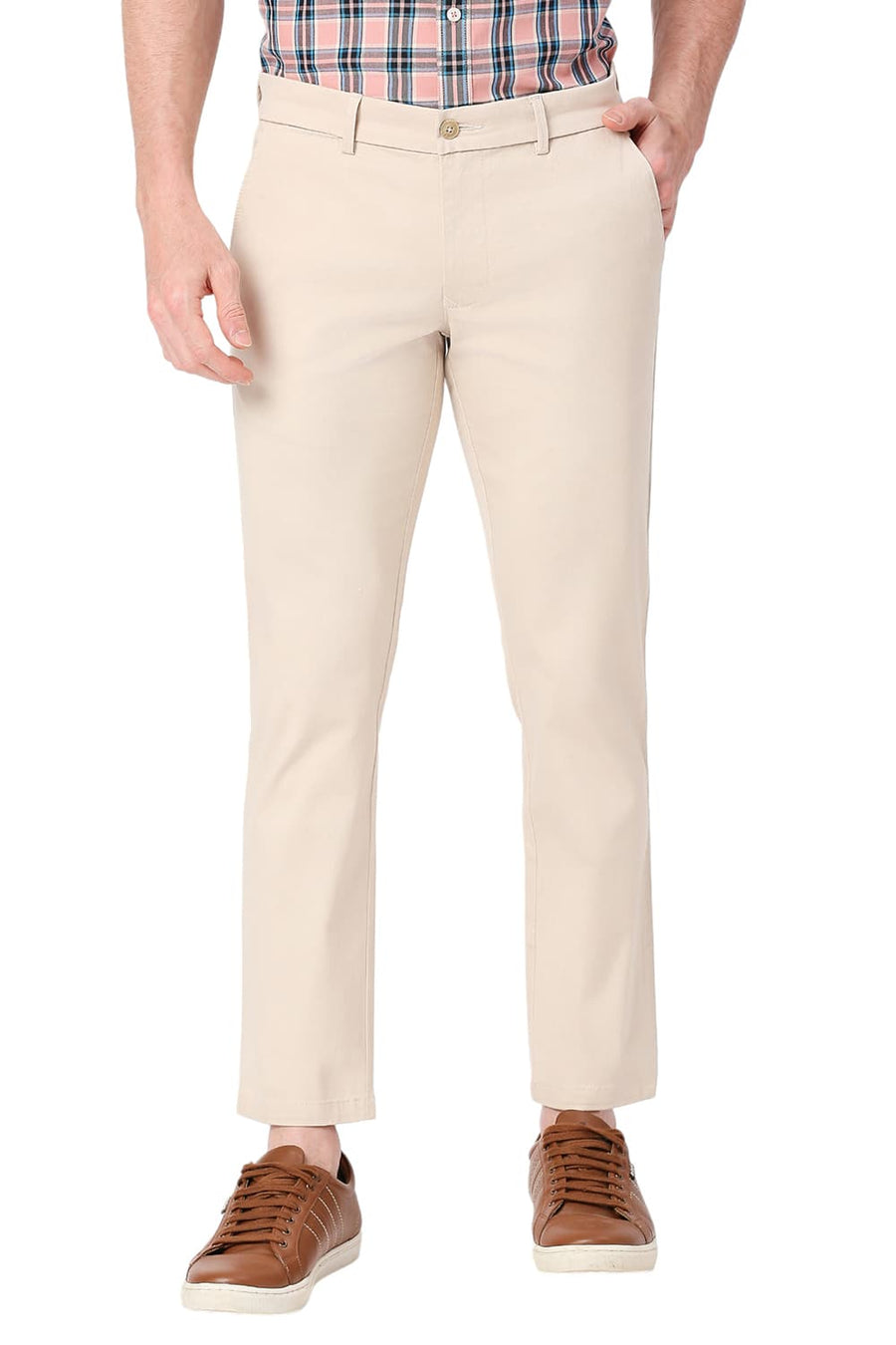 BASICS SKINNY FIT TAPIOCA BEIGE COTTON STRETCH DOBBY TROUSERS