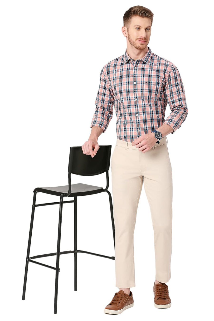 BASICS SKINNY FIT TAPIOCA BEIGE COTTON STRETCH DOBBY TROUSERS