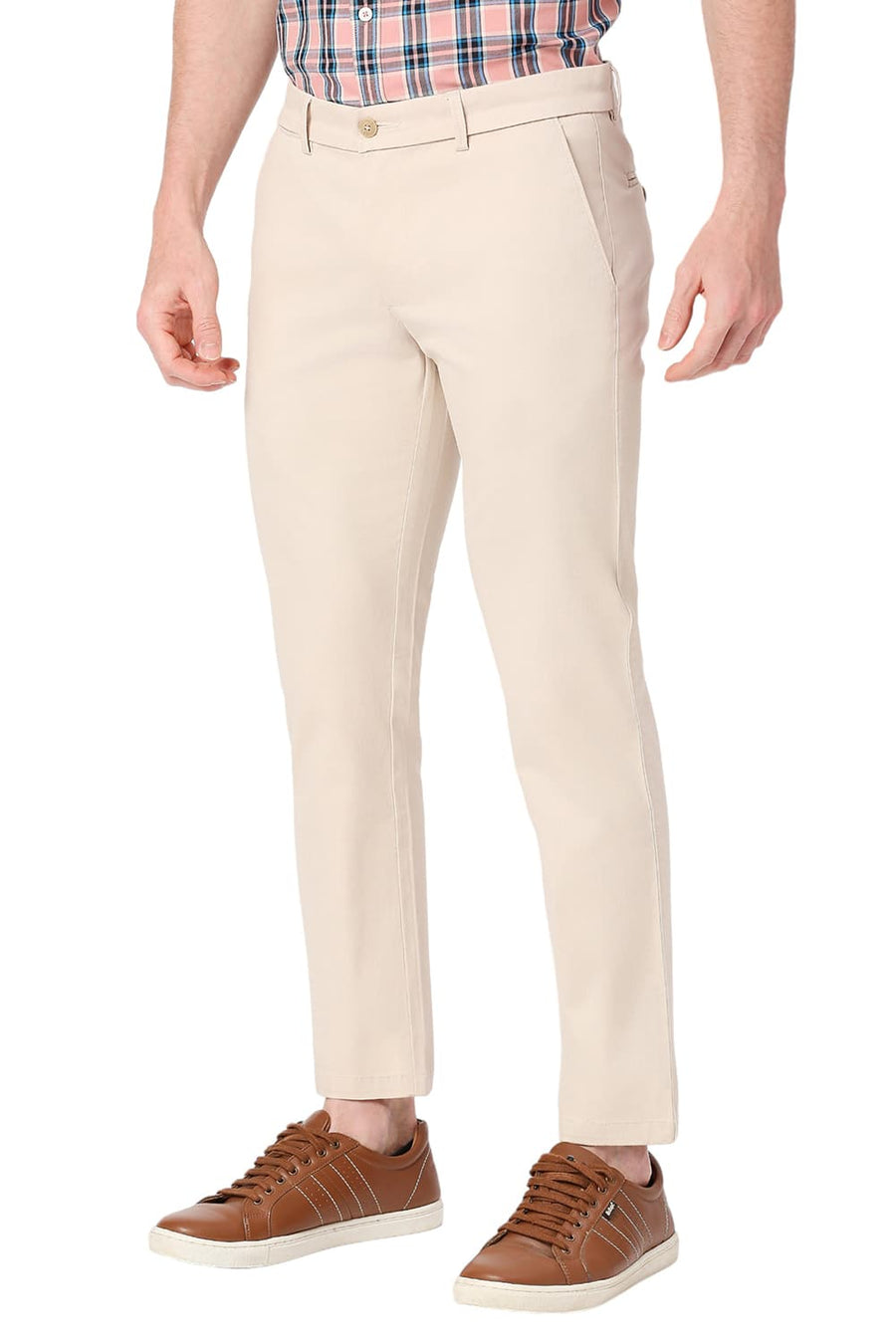 BASICS SKINNY FIT TAPIOCA BEIGE COTTON STRETCH DOBBY TROUSERS