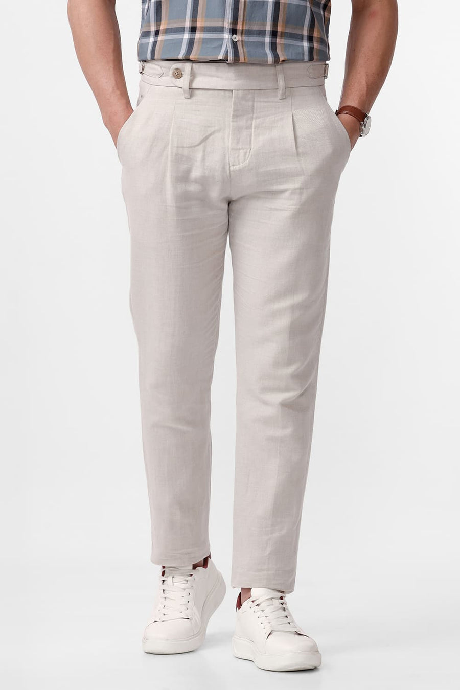 BASICS TAPERED FIT RAINY NATURAL COTTON LINEN TWILL TROUSERS