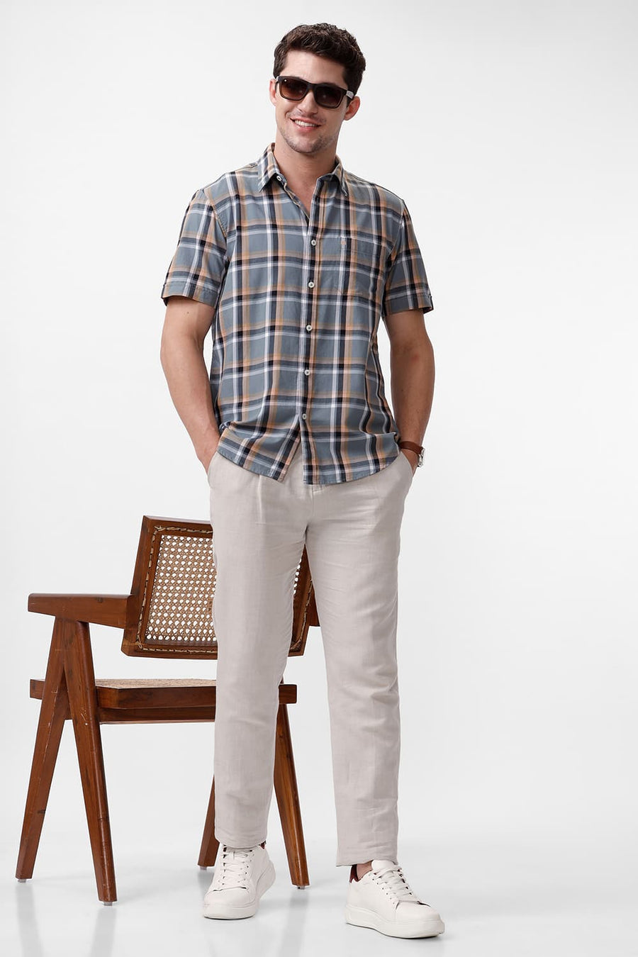 BASICS TAPERED FIT RAINY NATURAL COTTON LINEN TWILL TROUSERS