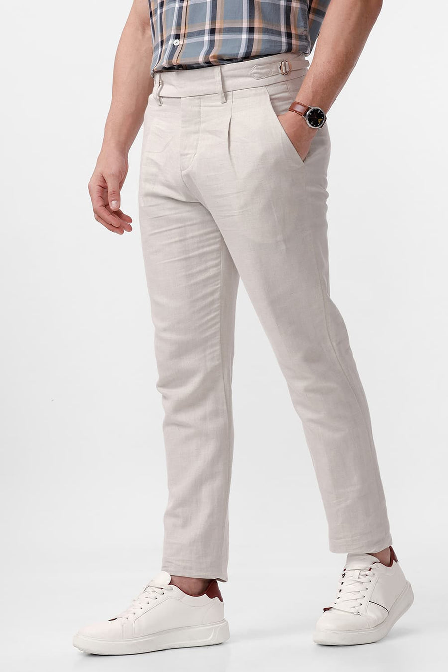 BASICS TAPERED FIT RAINY NATURAL COTTON LINEN TWILL TROUSERS