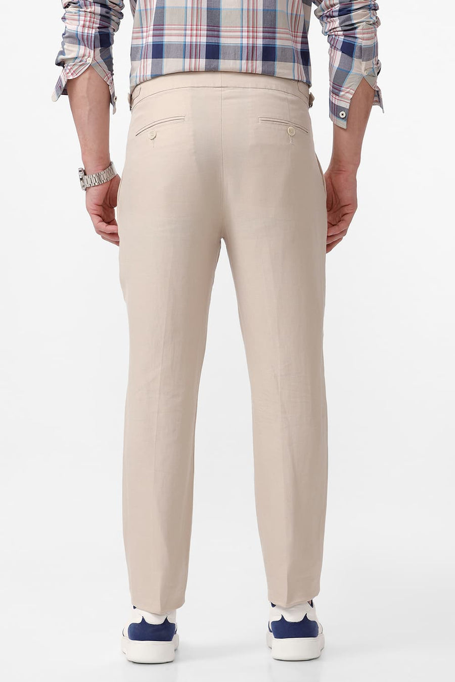 BASICS TAPERED FIT FOG BEIGE COTTON LINEN TWILL TROUSERS