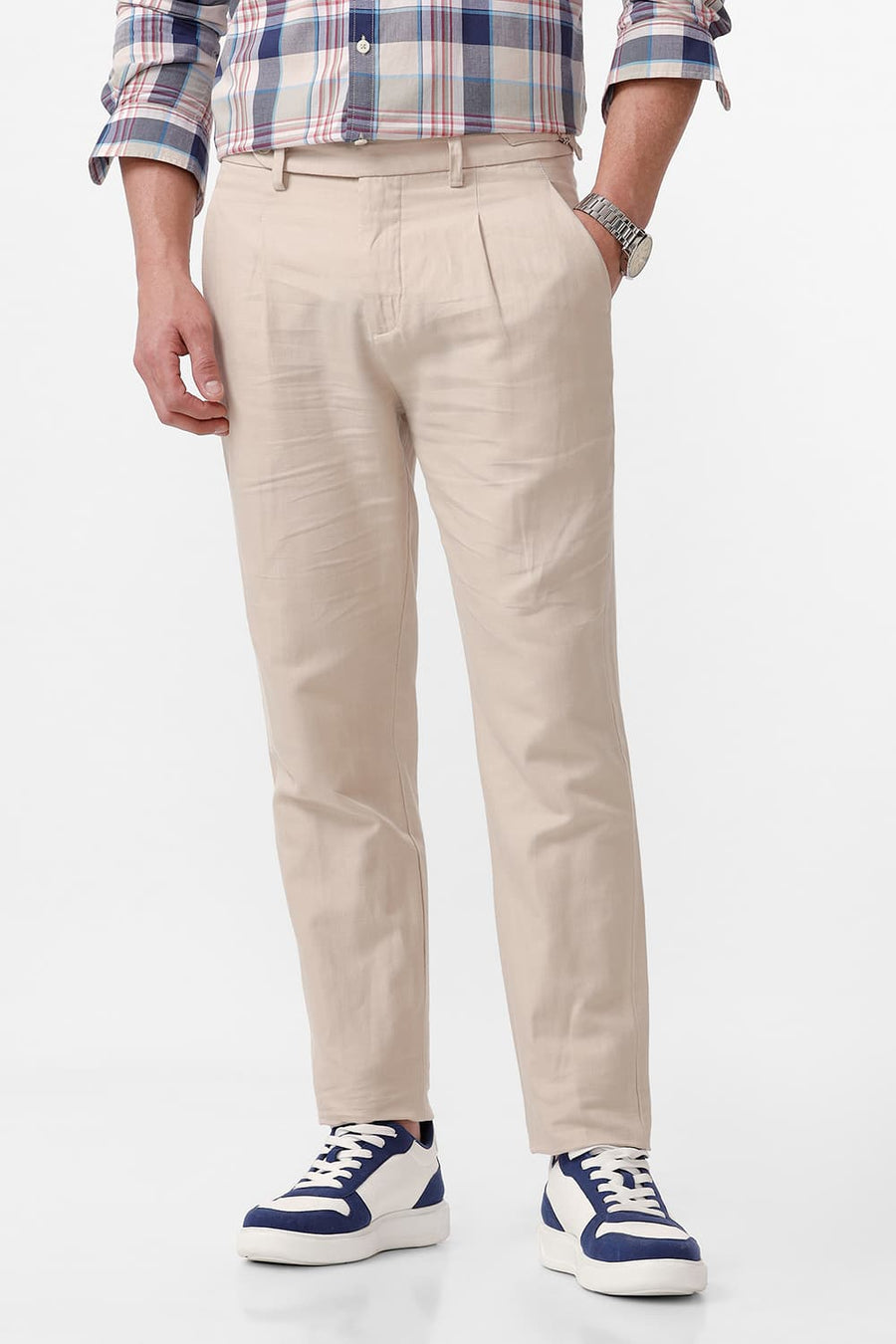 BASICS TAPERED FIT FOG BEIGE COTTON LINEN TWILL TROUSERS