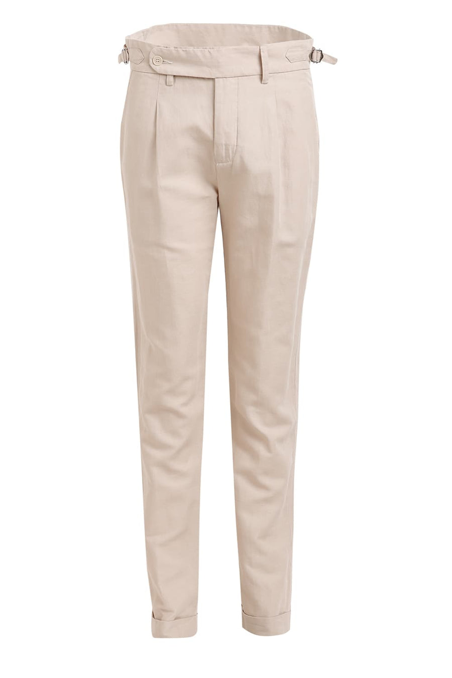 BASICS TAPERED FIT FOG BEIGE COTTON LINEN TWILL TROUSERS