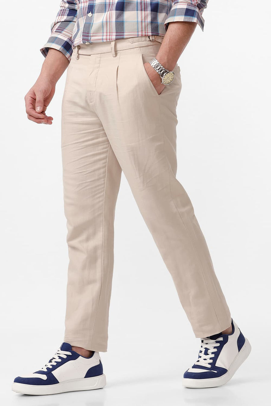 BASICS TAPERED FIT FOG BEIGE COTTON LINEN TWILL TROUSERS
