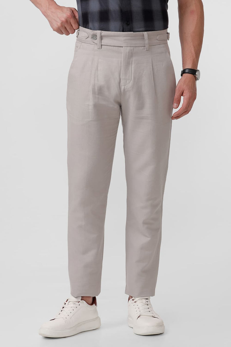 BASICS TAPERED FIT SILVER GREY COTTON LINEN TWILL TROUSERS