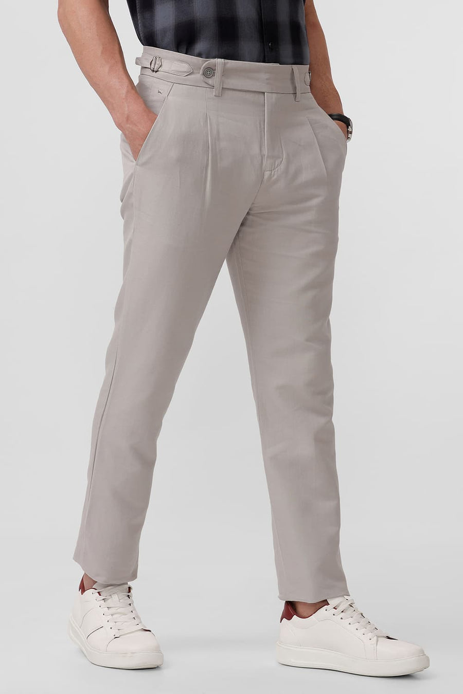 BASICS TAPERED FIT SILVER GREY COTTON LINEN TWILL TROUSERS