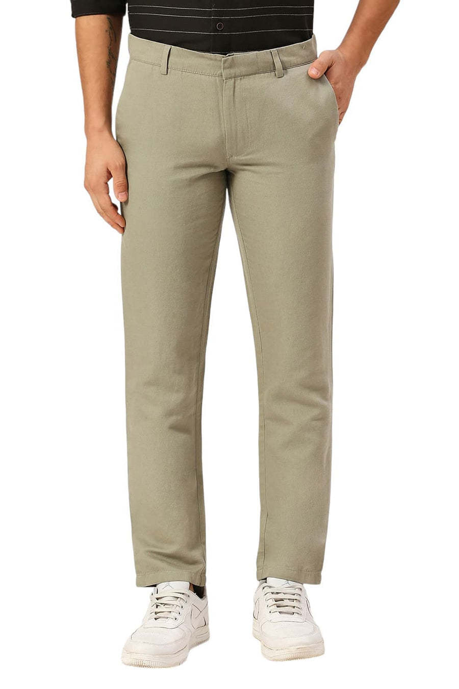BASICS TAPERED FIT STONE LIGHT GREEN COTTON LINEN TWILL TROUSERS