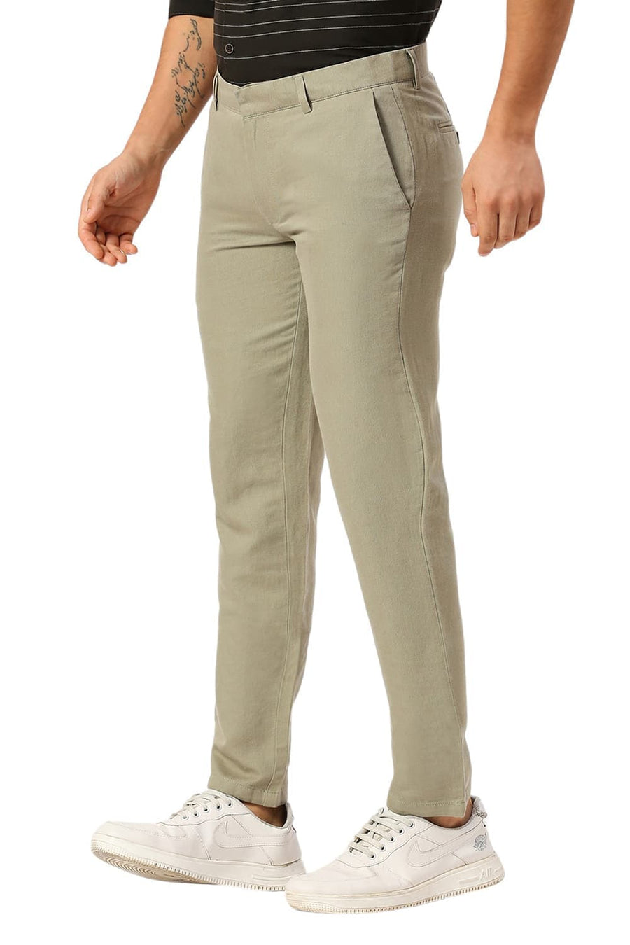 BASICS TAPERED FIT STONE LIGHT GREEN COTTON LINEN TWILL TROUSERS