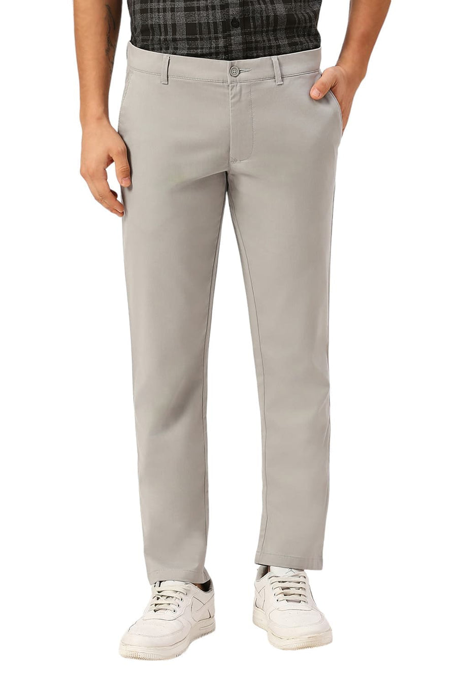 BASICS TAPERED FIT BELGIAN GREY COTTON STRETCH DOBBY TROUSERS