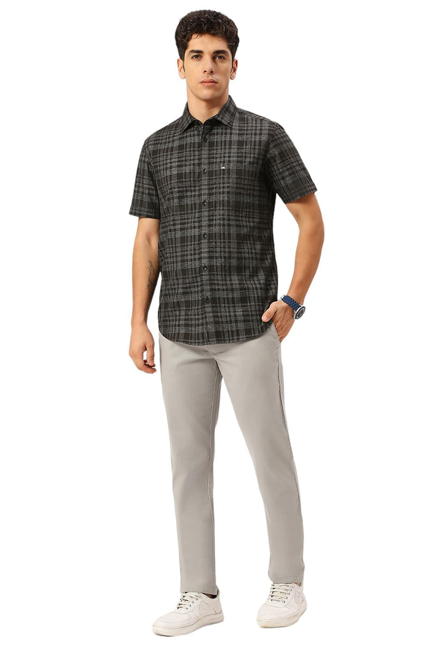 BASICS TAPERED FIT BELGIAN GREY COTTON STRETCH DOBBY TROUSERS