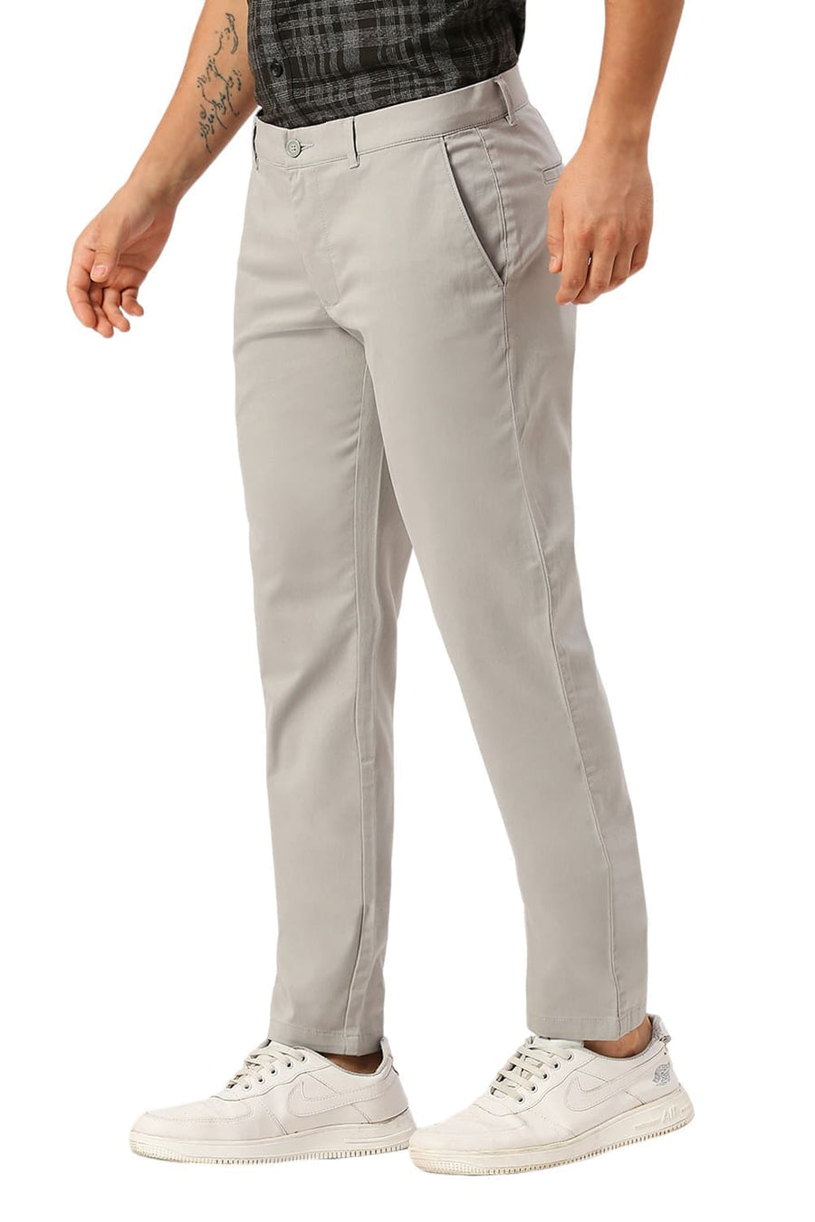 BASICS TAPERED FIT BELGIAN GREY COTTON STRETCH DOBBY TROUSERS