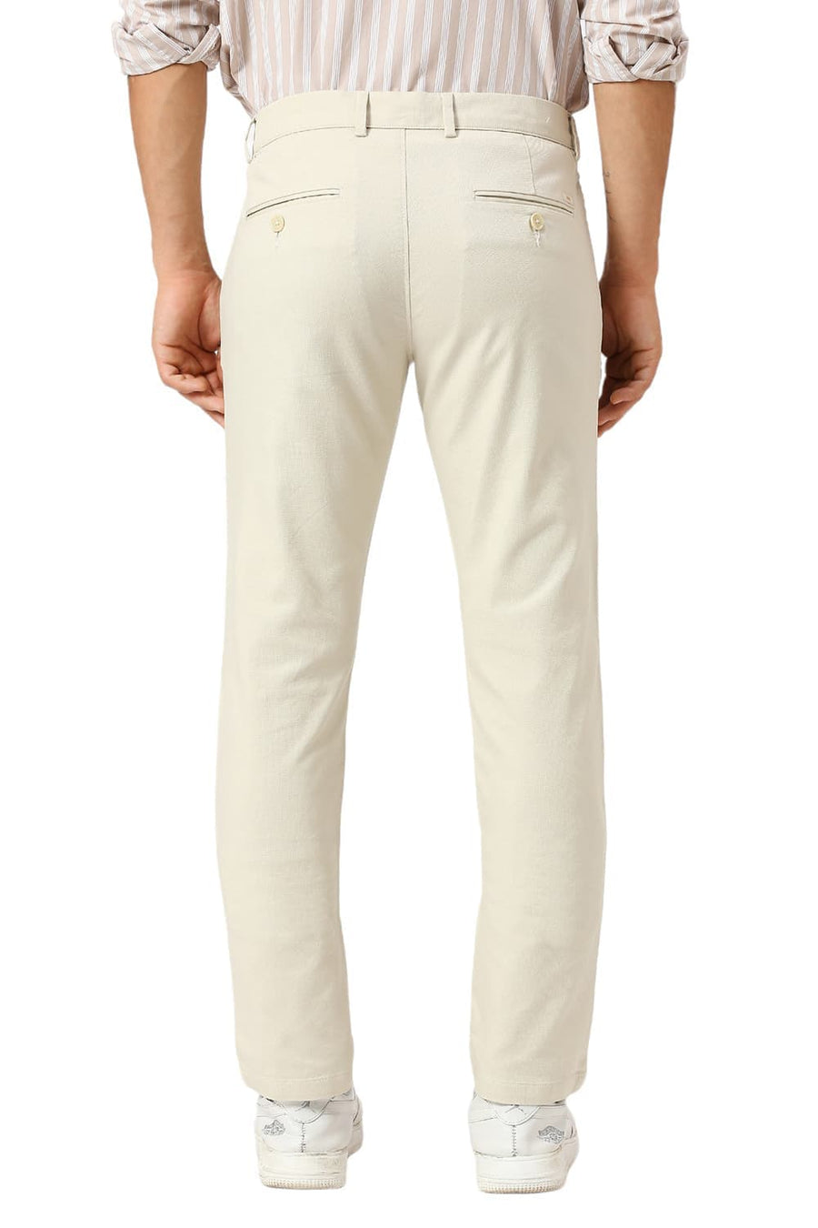BASICS TAPERED FIT PRIESTINE BEIGE COTTON VISCOSE STRETCH DOBBY TROUSERS