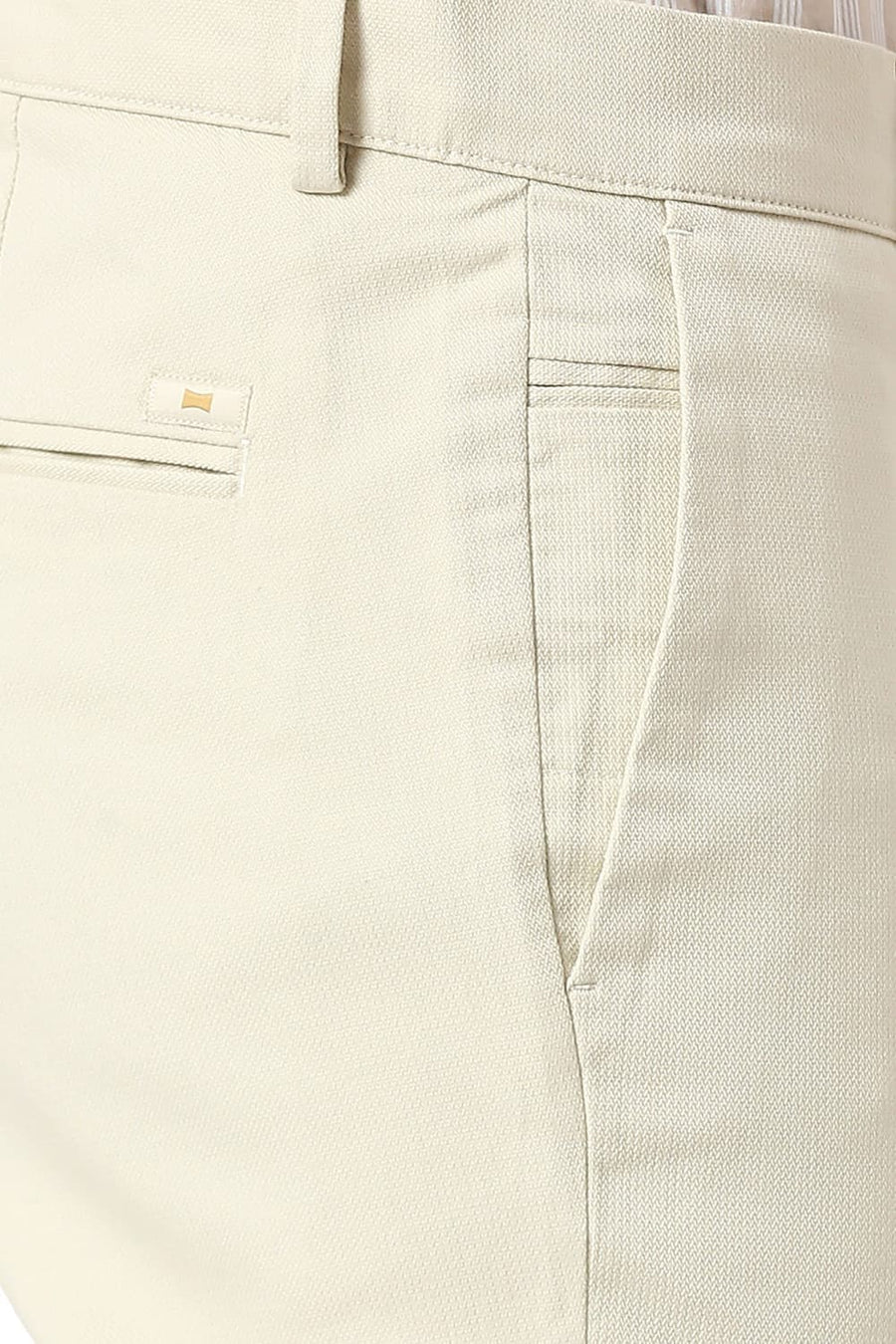 BASICS TAPERED FIT PRIESTINE BEIGE COTTON VISCOSE STRETCH DOBBY TROUSERS