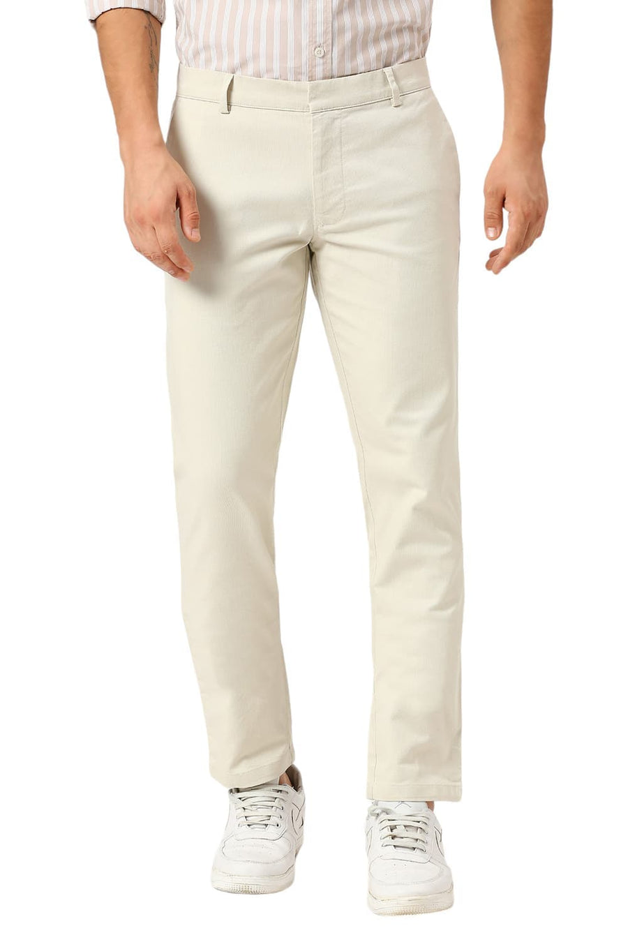 BASICS TAPERED FIT PRIESTINE BEIGE COTTON VISCOSE STRETCH DOBBY TROUSERS